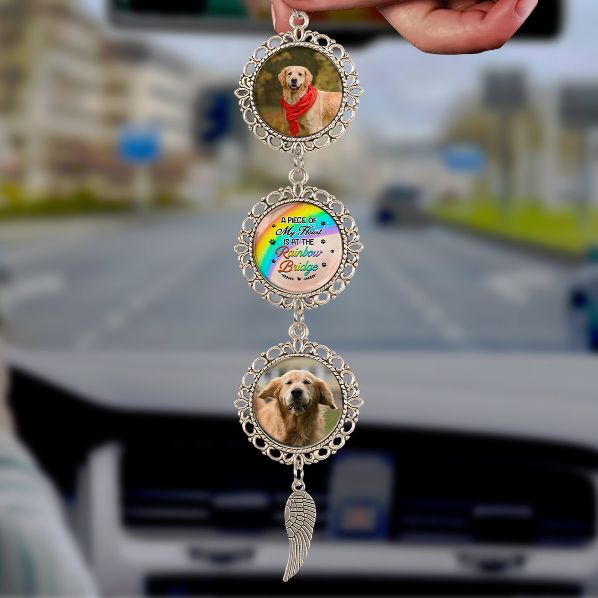 Rainbow Bridge - Personalized Photo Car Ornament With Charm - Pet Memorial