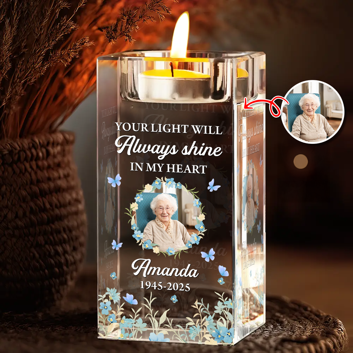 Your Light Will Always Shine - Personalized Crystal Candle Holder - Sympathy Gift
