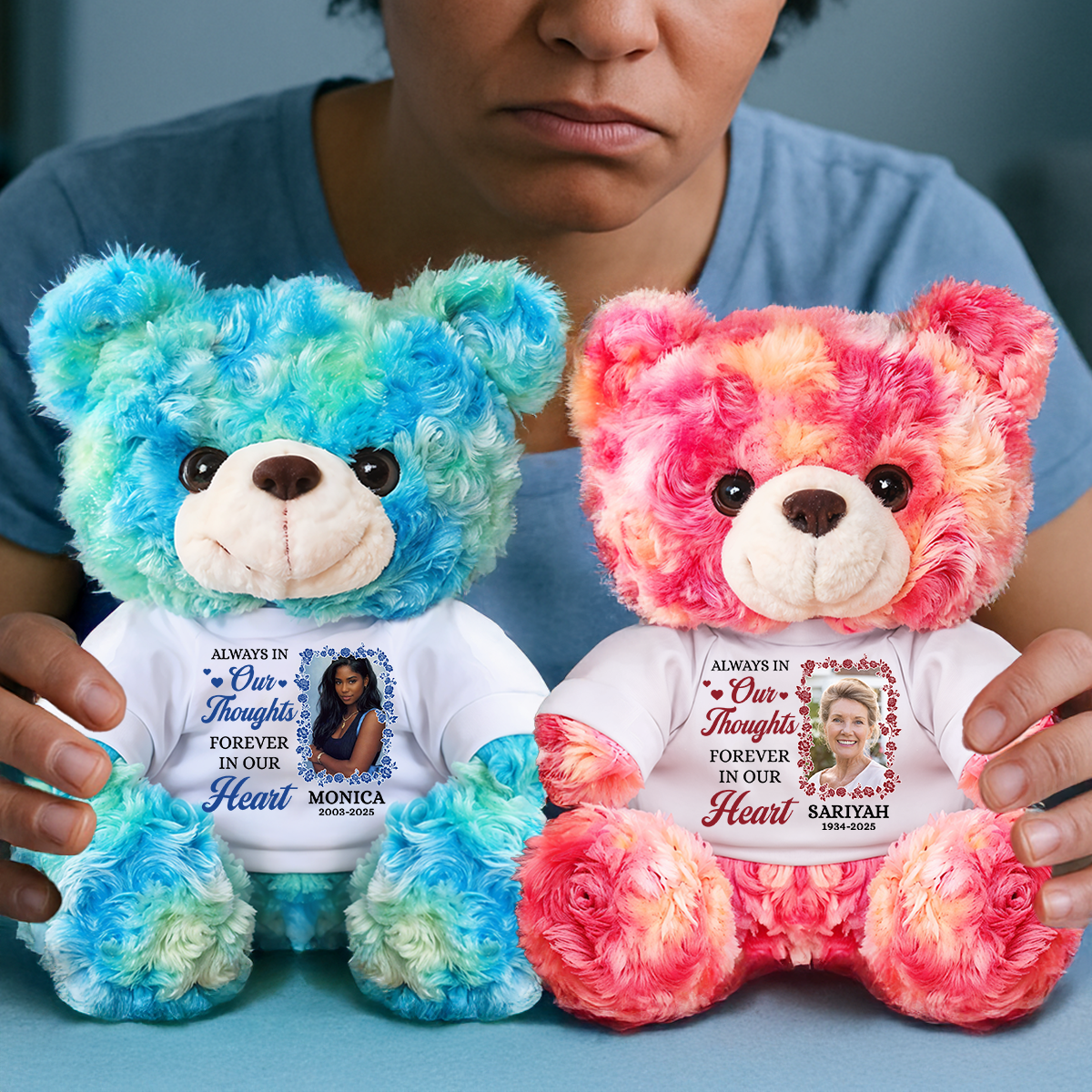 Forever In Our Hearts - Personalized Memorial Bear Plush - Custom Photo and Name Bear