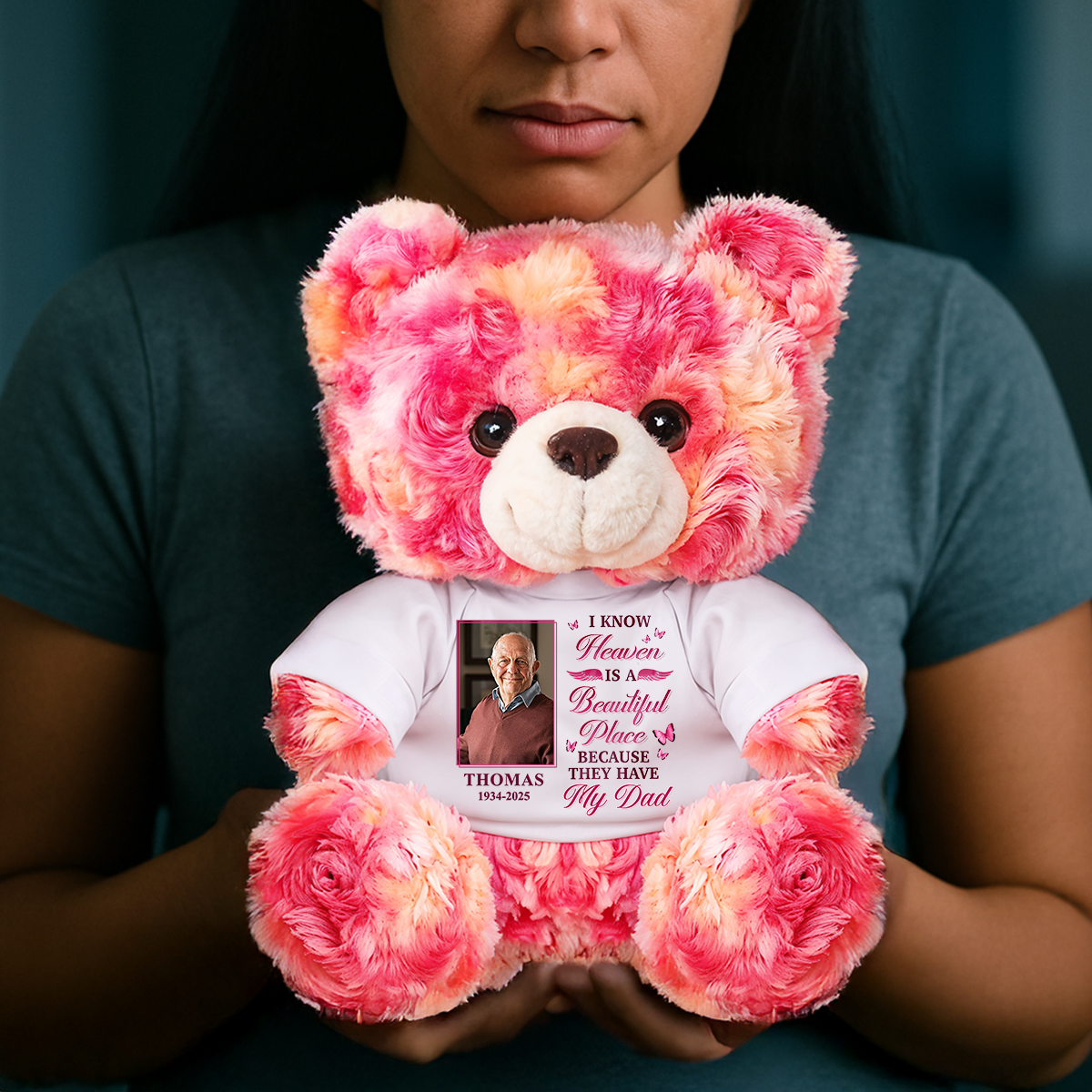 Heaven Is A Beautiful Place - Custom Name and Photo - Personalized Pet Memorial Bear Plush