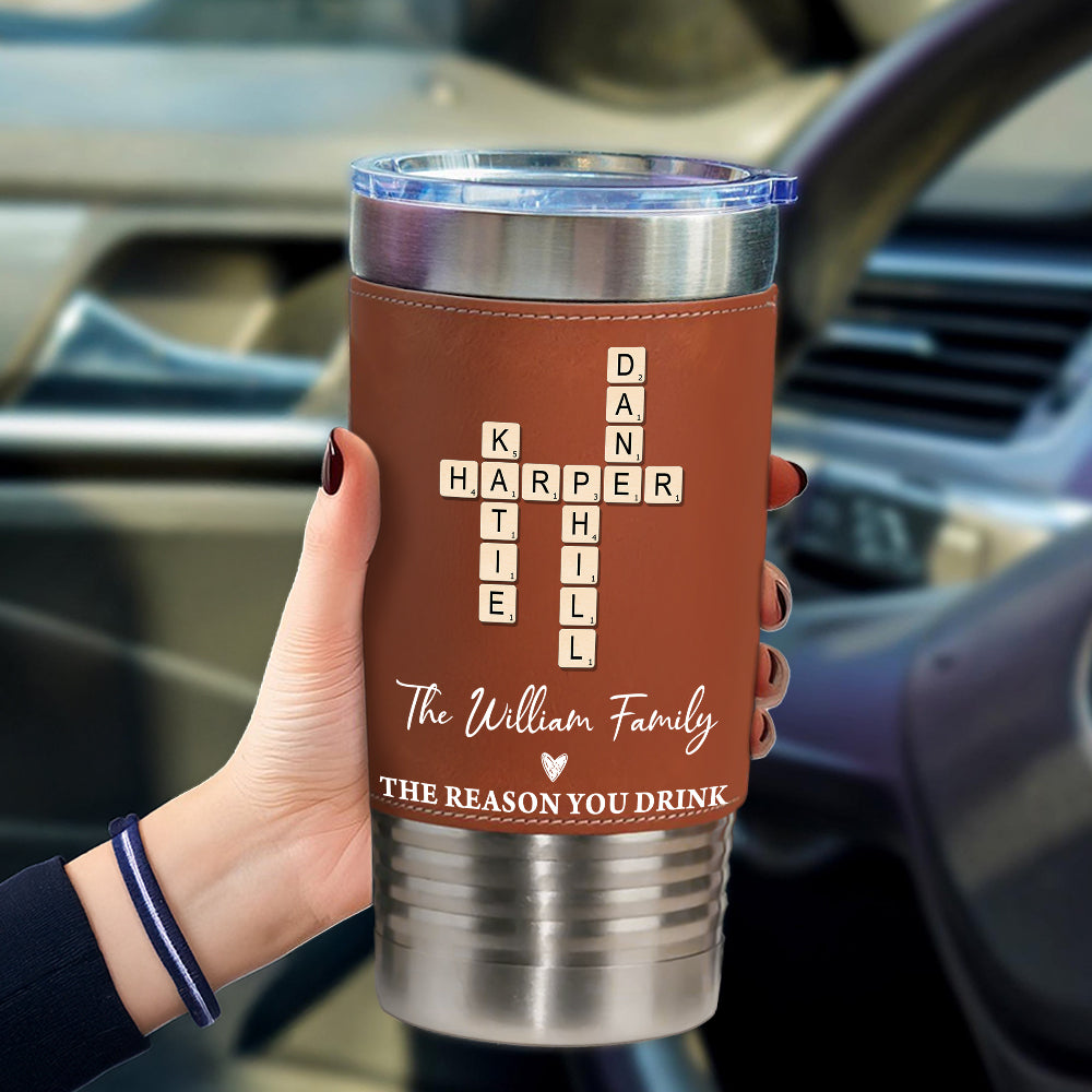 Family Name Crossword - Personalized Leather Tumbler - Gift for Family