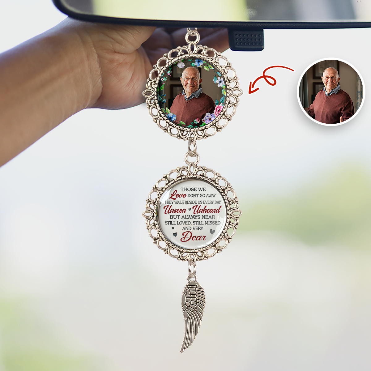 Custom Photo Memorial Gift - Personalized Photo Car Ornament With Charm