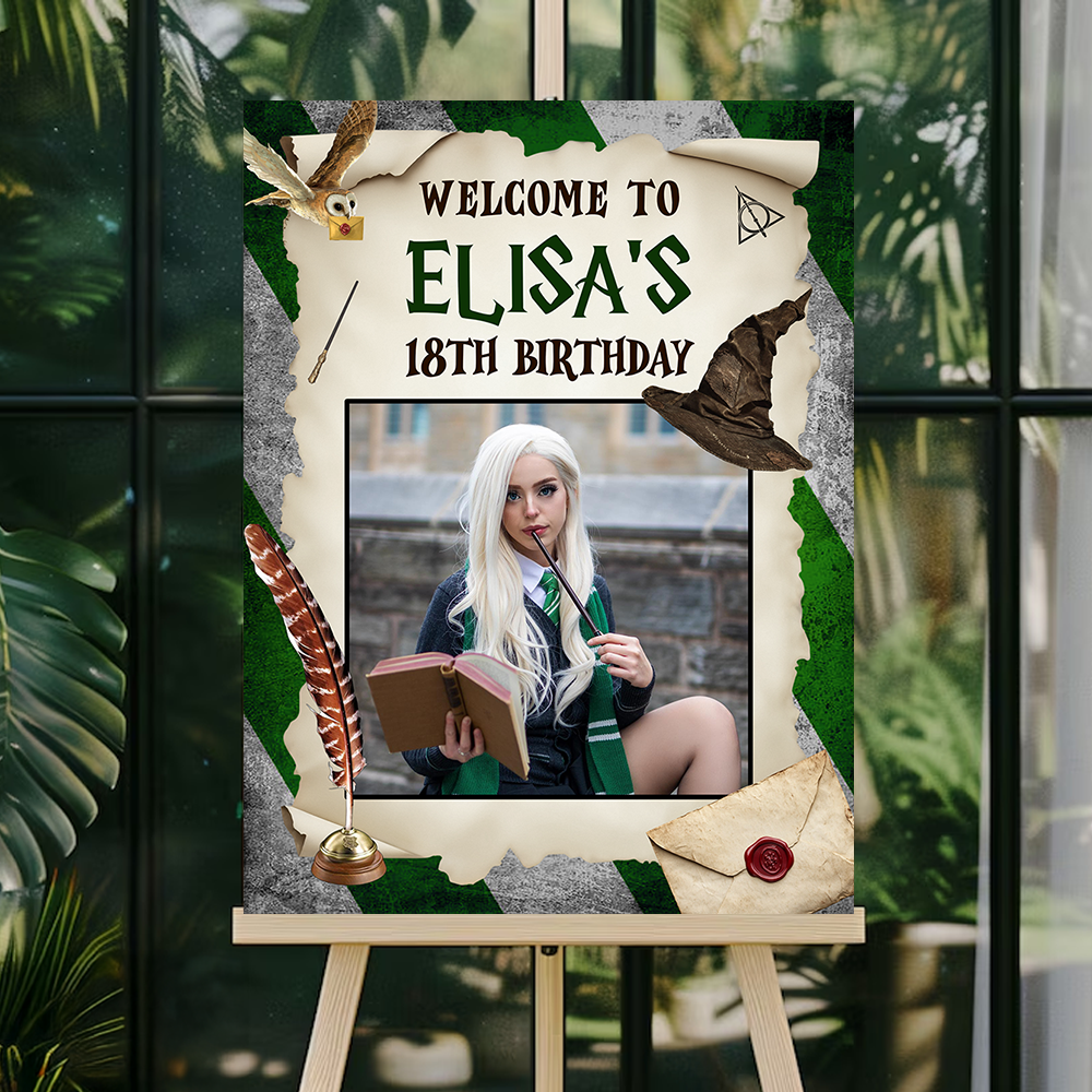 Personalized Magic School Style Sign - Custom Name & Photo Law Sign - Birthday Party Welcome Sign