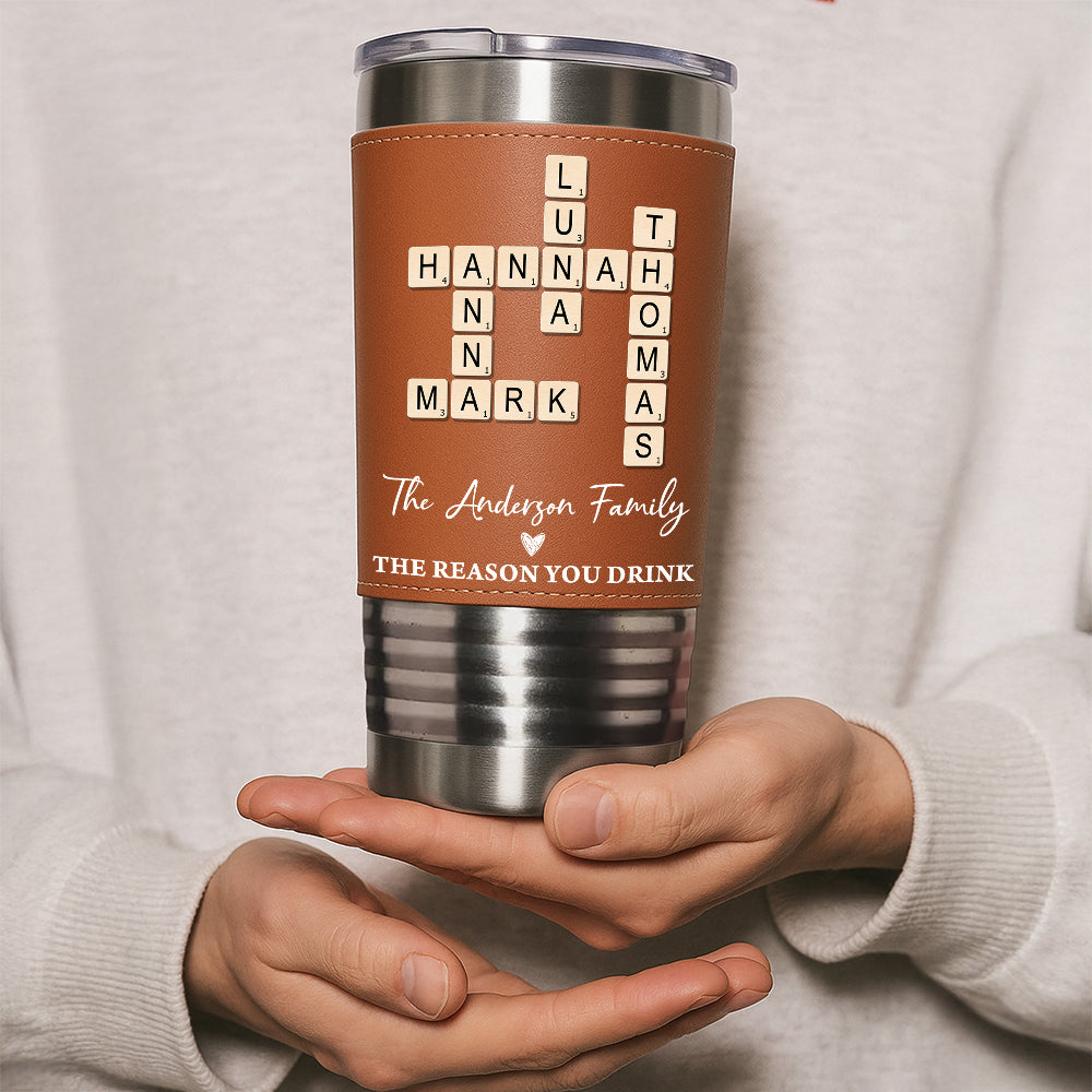 Family Name Crossword - Personalized Leather Tumbler - Gift for Family