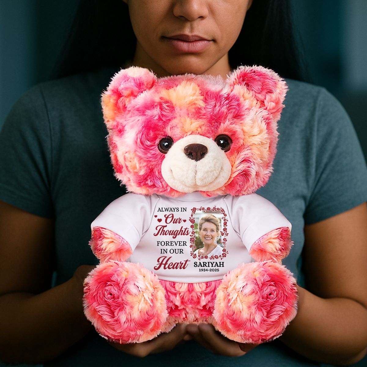 Forever In Our Hearts - Personalized Memorial Bear Plush - Custom Photo and Name Bear