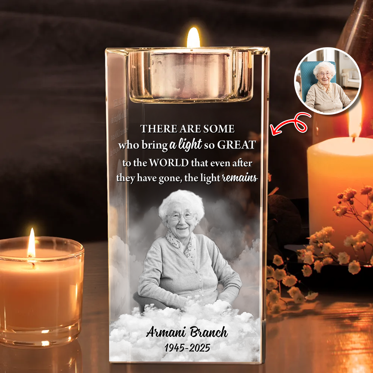 Custom Name and Photo - Personalized Crystal Candle Holder - Sympathy Gift