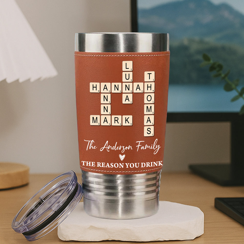 Family Name Crossword - Personalized Leather Tumbler - Gift for Family