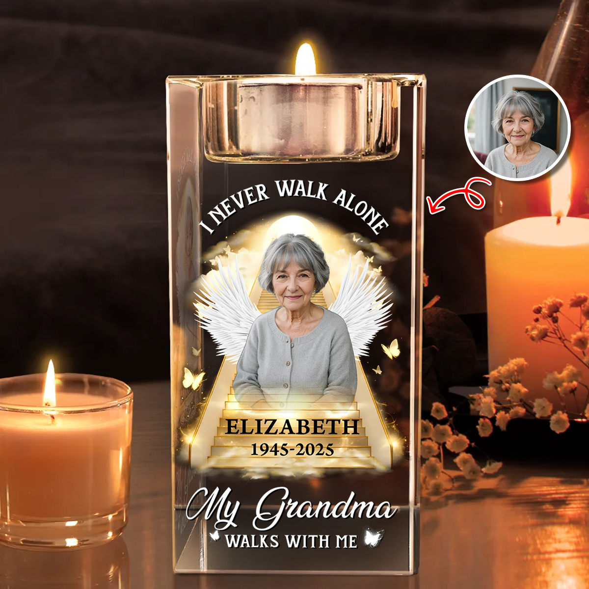 Never Walk Alone - Personalized Crystal Candle Holder - Sympathy Gift