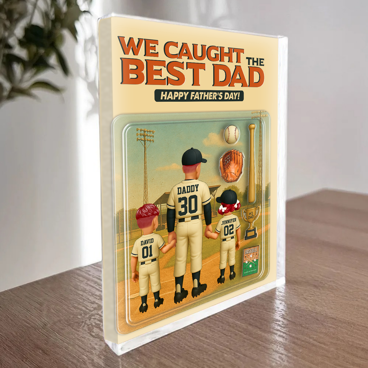 Caught The Best Dad - Personalized Baseball Dad Name Gift - Custom Shape Acrylic Block Plaque