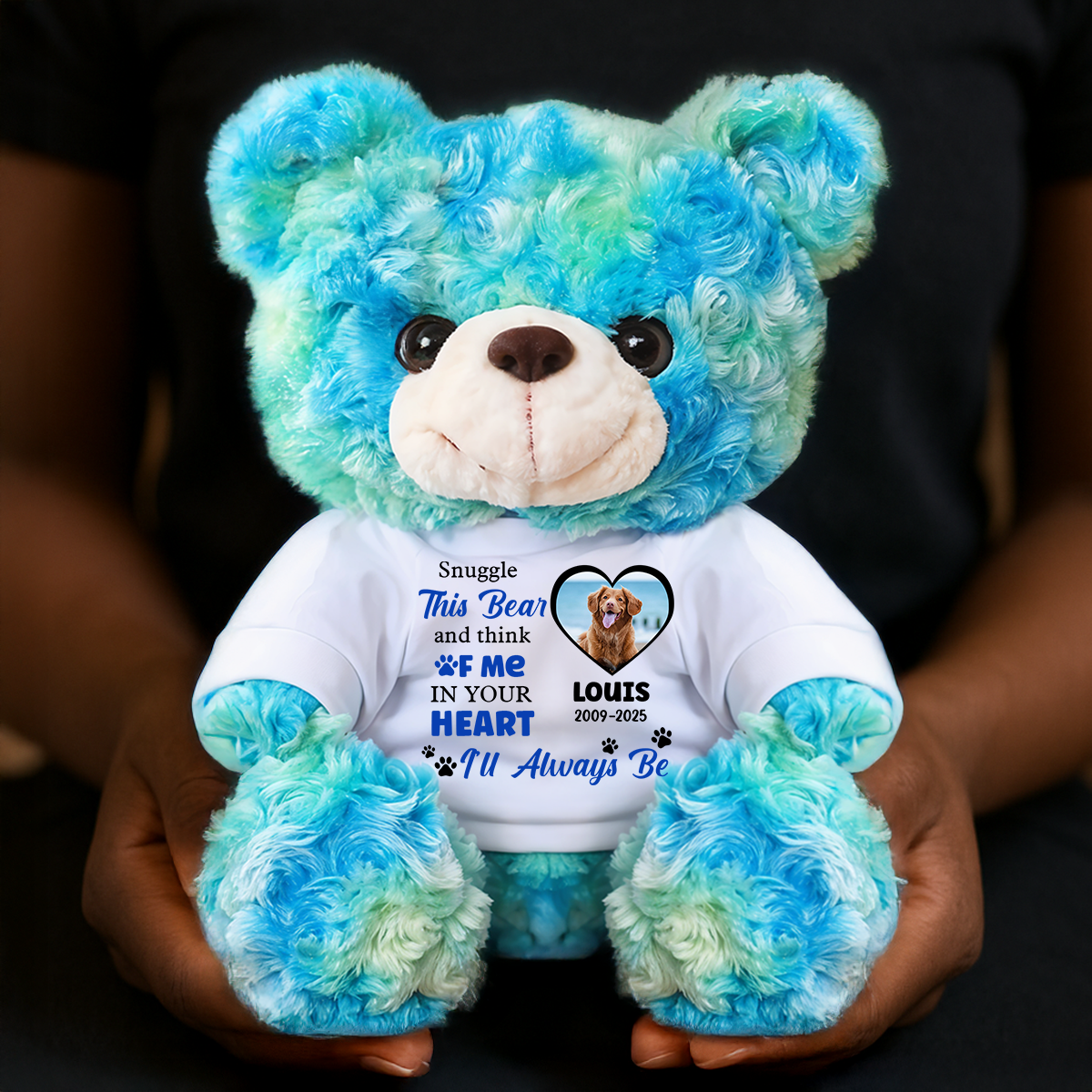 Snuggle This Bear and Think Of Me - Personalized Pet Memorial Bear Plush - Custom Photo and Name Bear