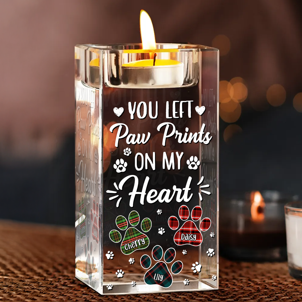 Pawprints On My Heart - Personalized Crystal Candle Holder - Pet Memorial