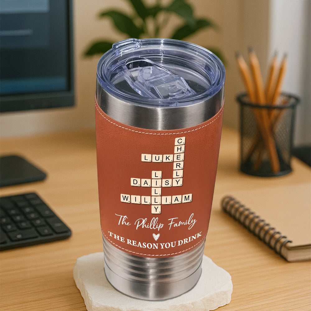 Family Name Crossword - Personalized Leather Tumbler - Gift for Family