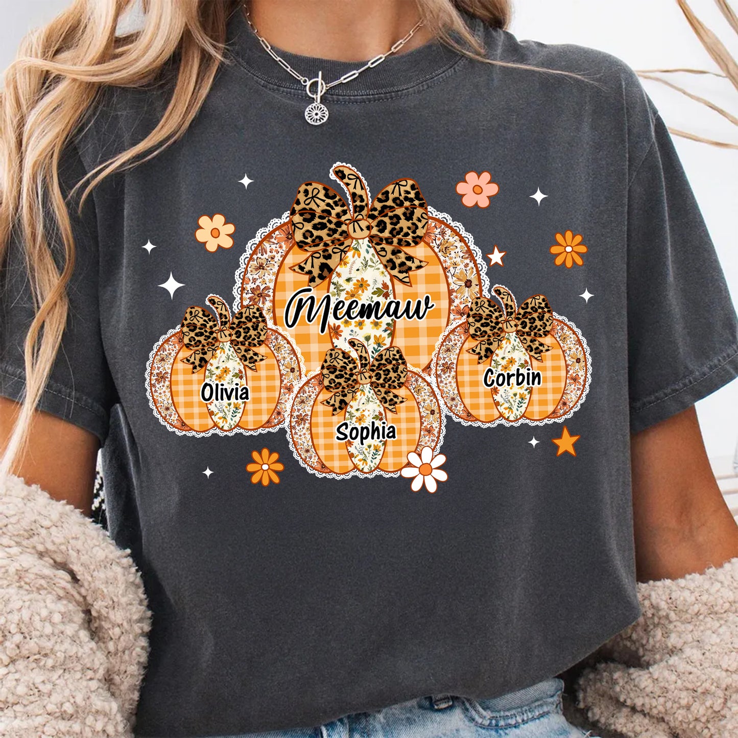 Grandma Custom Pumpkins With Kids Names Shirt - Personalized Shirt Custom T-shirt