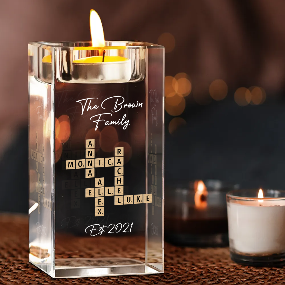Family Name Crossword - Personalized Crystal Candle Holder