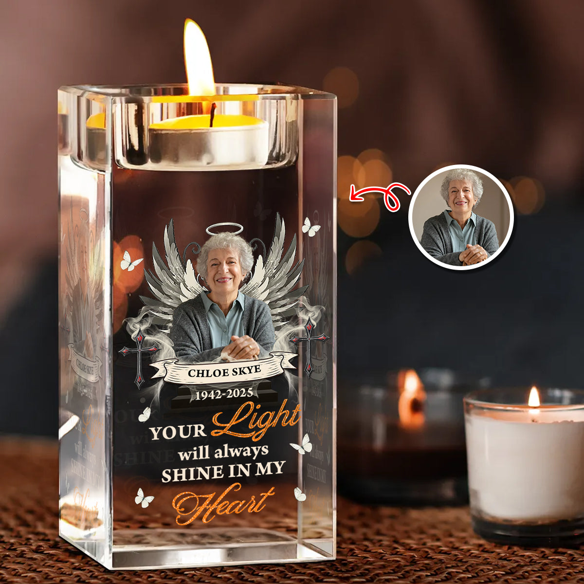 Your Light Will Always Shine In Our Hearts - Personalized Crystal Candle Holder - Memorial Gift