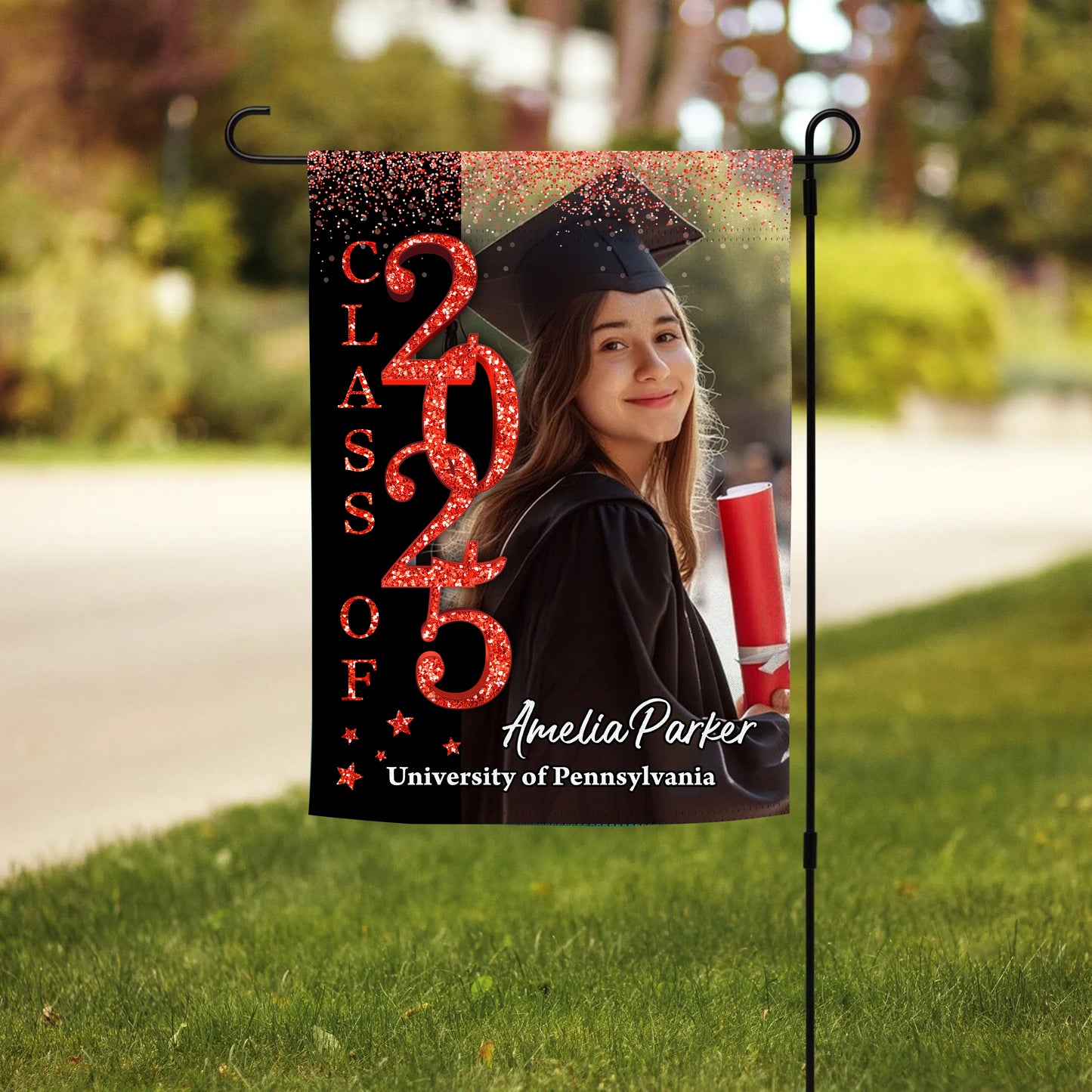 Glitter Congrats Graduation - Custom Name Class Of 2025 With Photo – Graduation Garden Flag & Party Decor