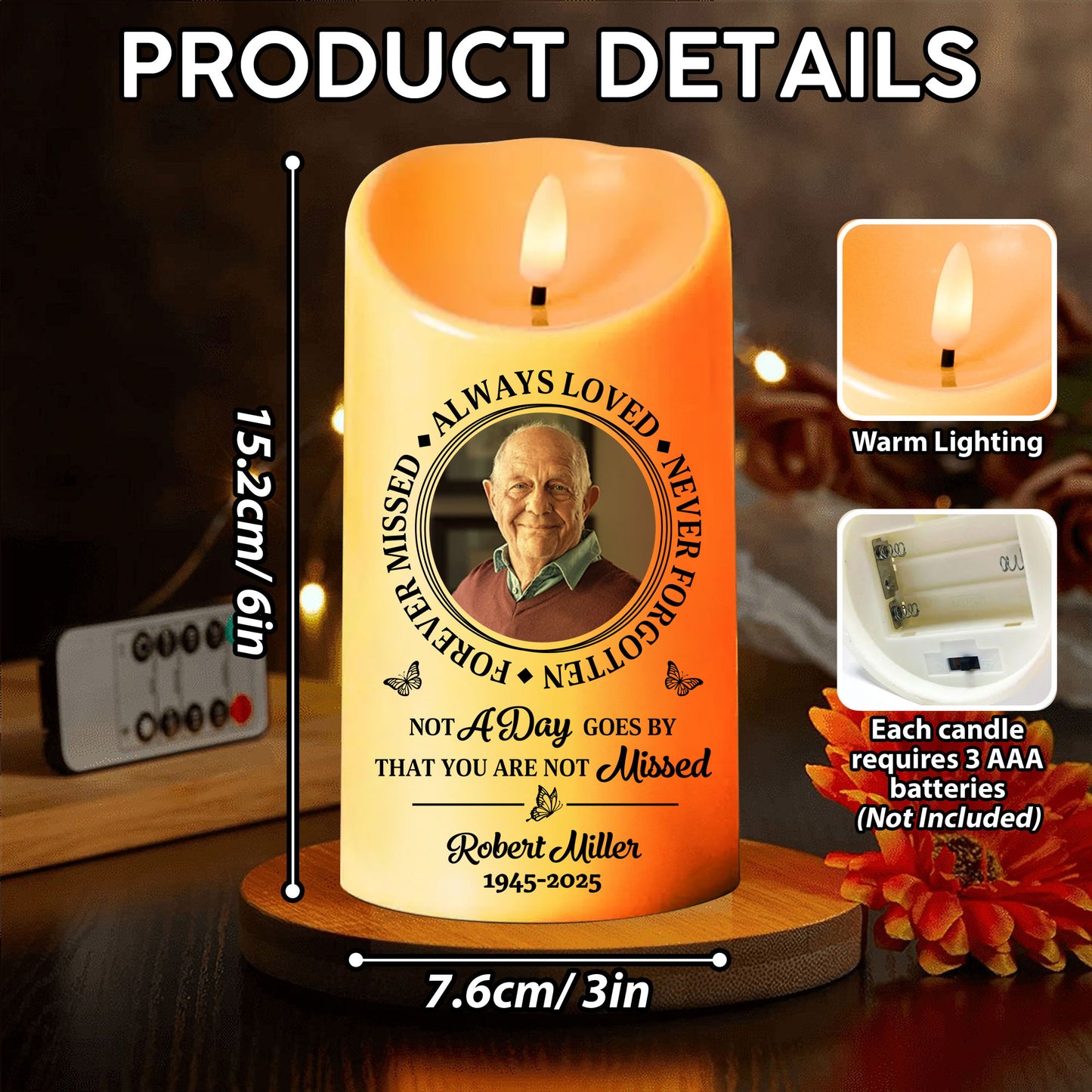 Custom Name and Photo - Personalized Memorial Photo LED Candle - Memorial Gift
