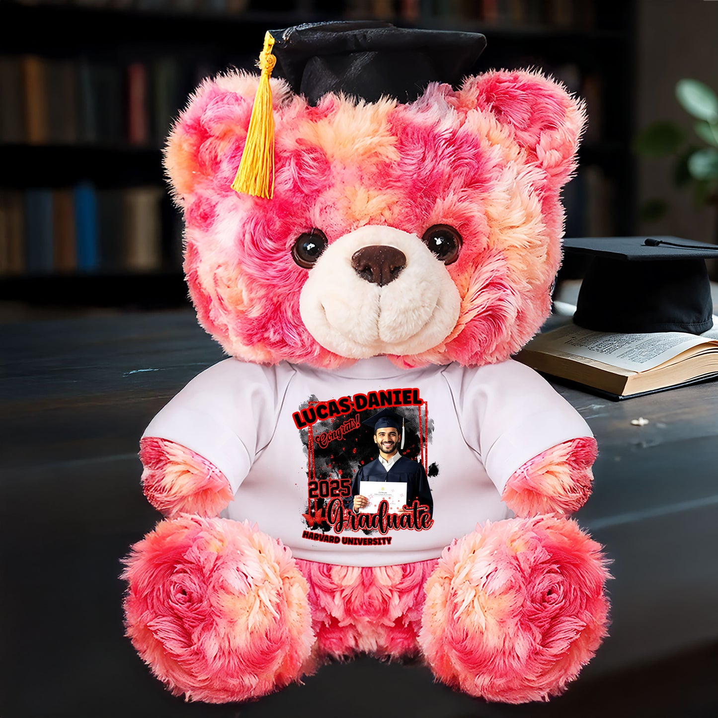 2025 Congrats Graduation Teddy Bear Plush - Custom Photo and Name - Graduate Bear With Cap