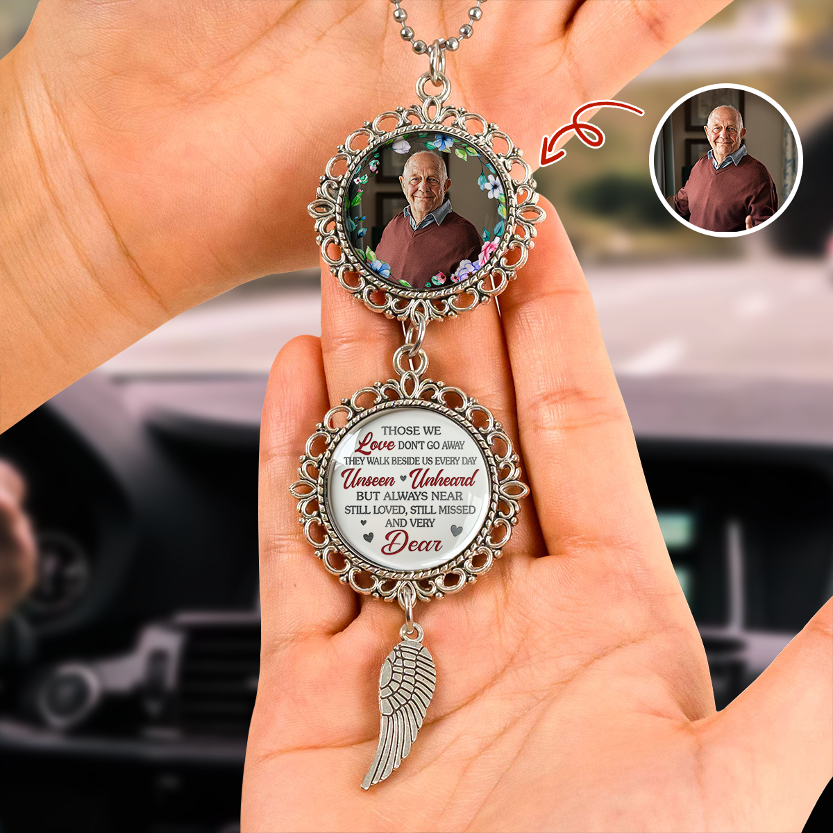 Custom Photo Memorial Gift - Personalized Photo Car Ornament With Charm