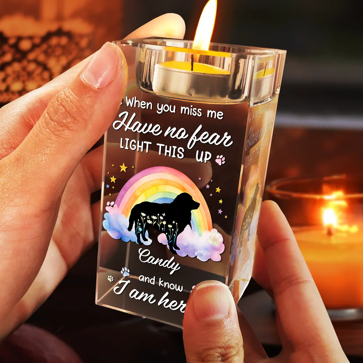 When You Miss Me Light This Up - Personalized Crystal Candle Holder - Pet Memorial