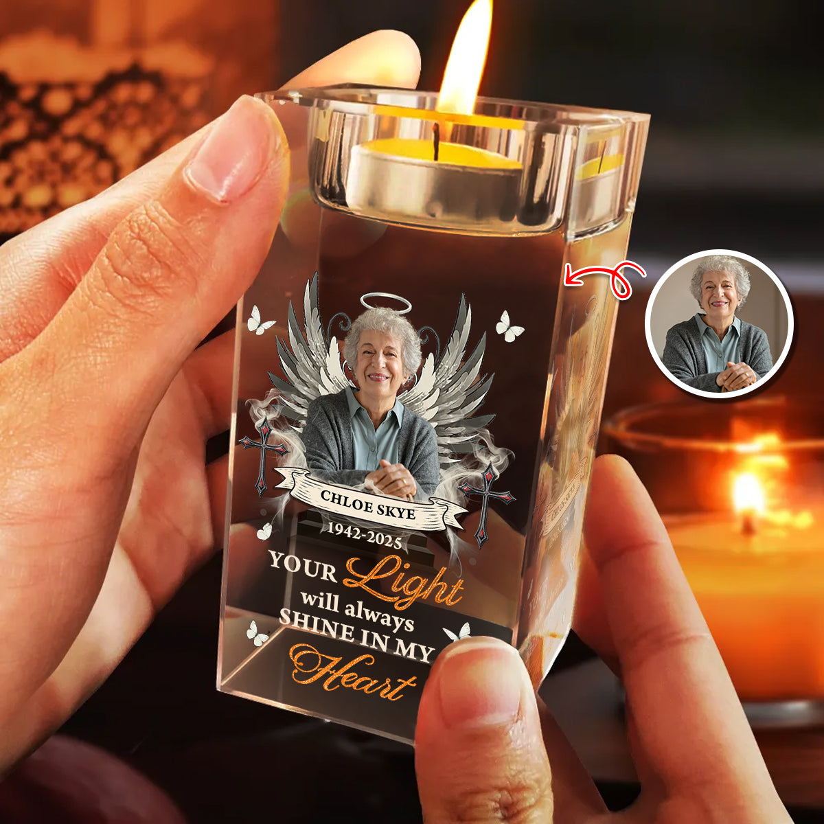 Your Light Will Always Shine In Our Hearts - Personalized Crystal Candle Holder - Memorial Gift