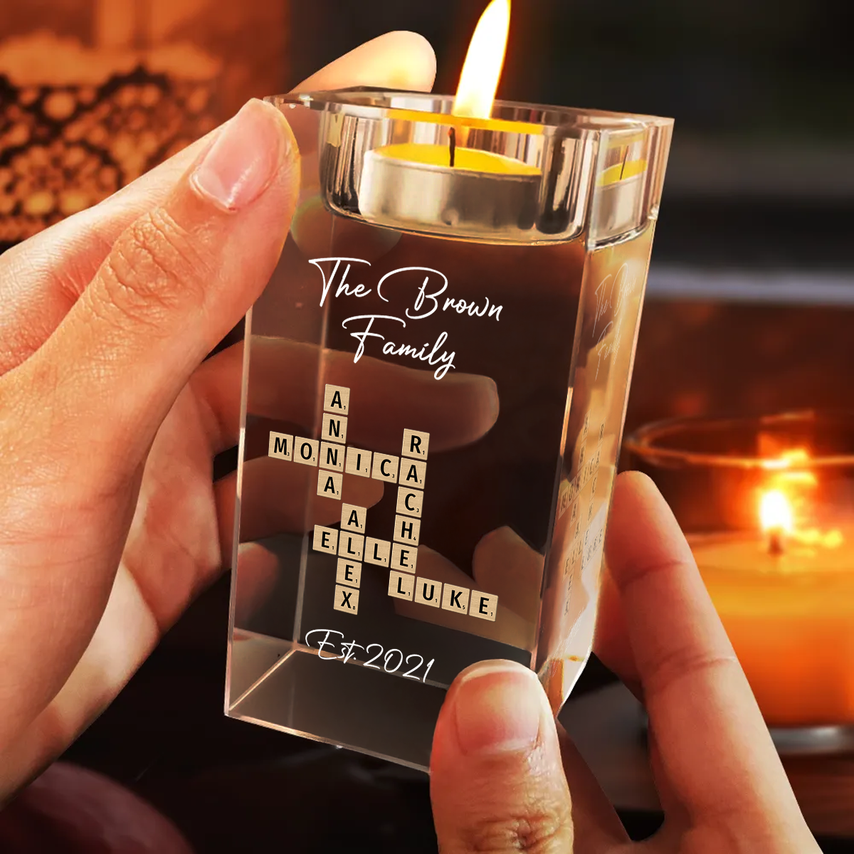 Family Name Crossword - Personalized Crystal Candle Holder
