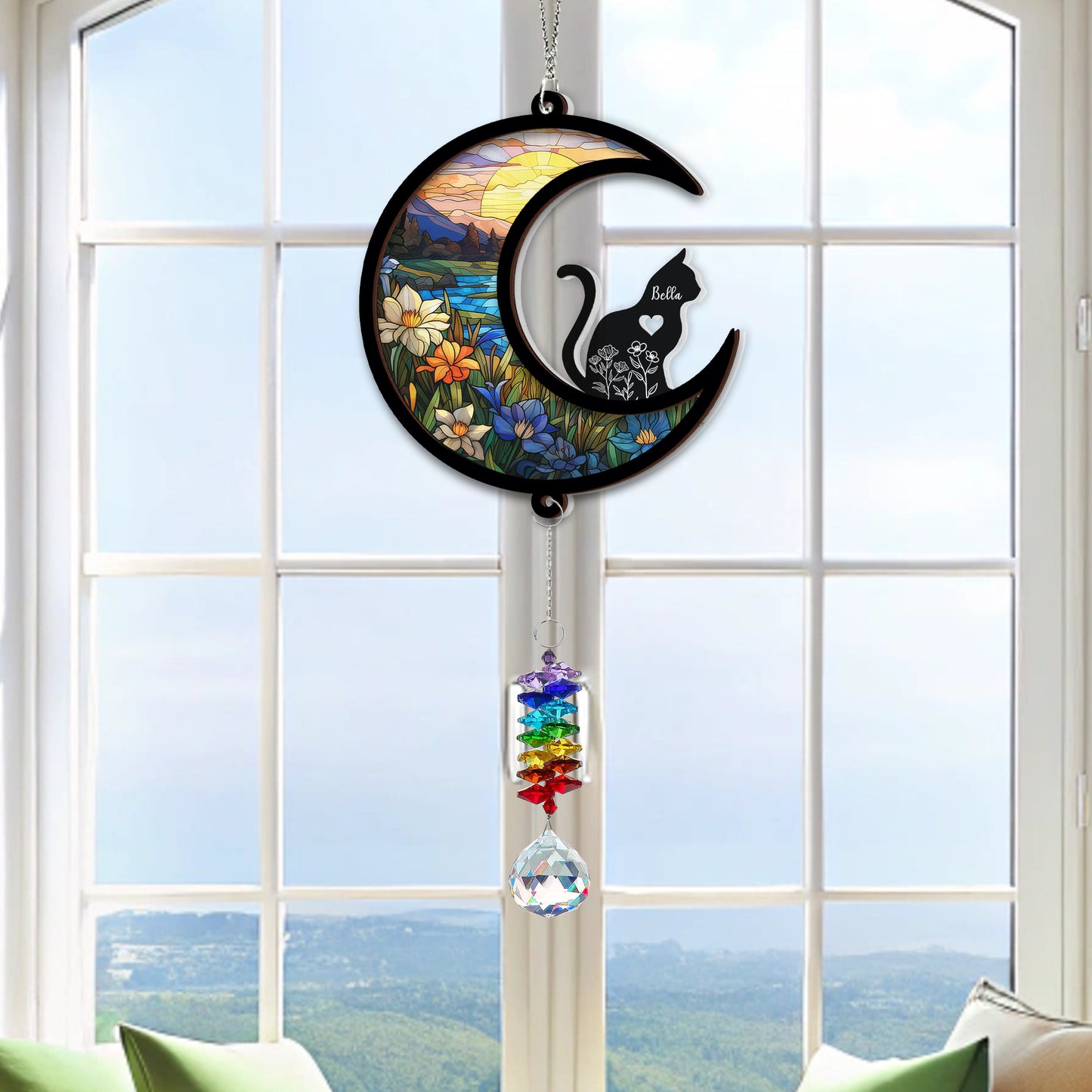 Cat Silhouette - Ornament Hanging Piece With Crystal Charm - Cat Lover Gift