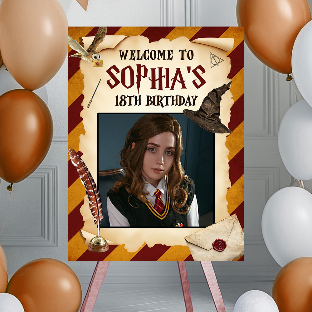 Personalized Magic School Style Sign - Custom Name & Photo Law Sign - Birthday Party Welcome Sign