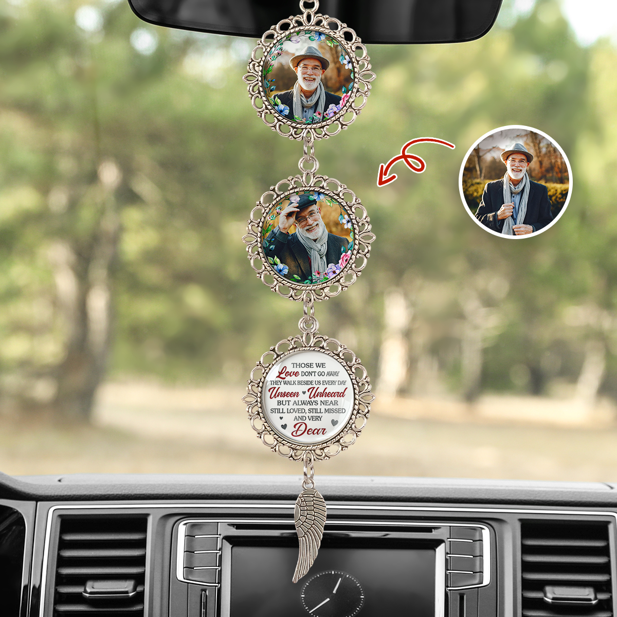 Custom Photo Memorial Gift - Personalized Photo Car Ornament With Charm