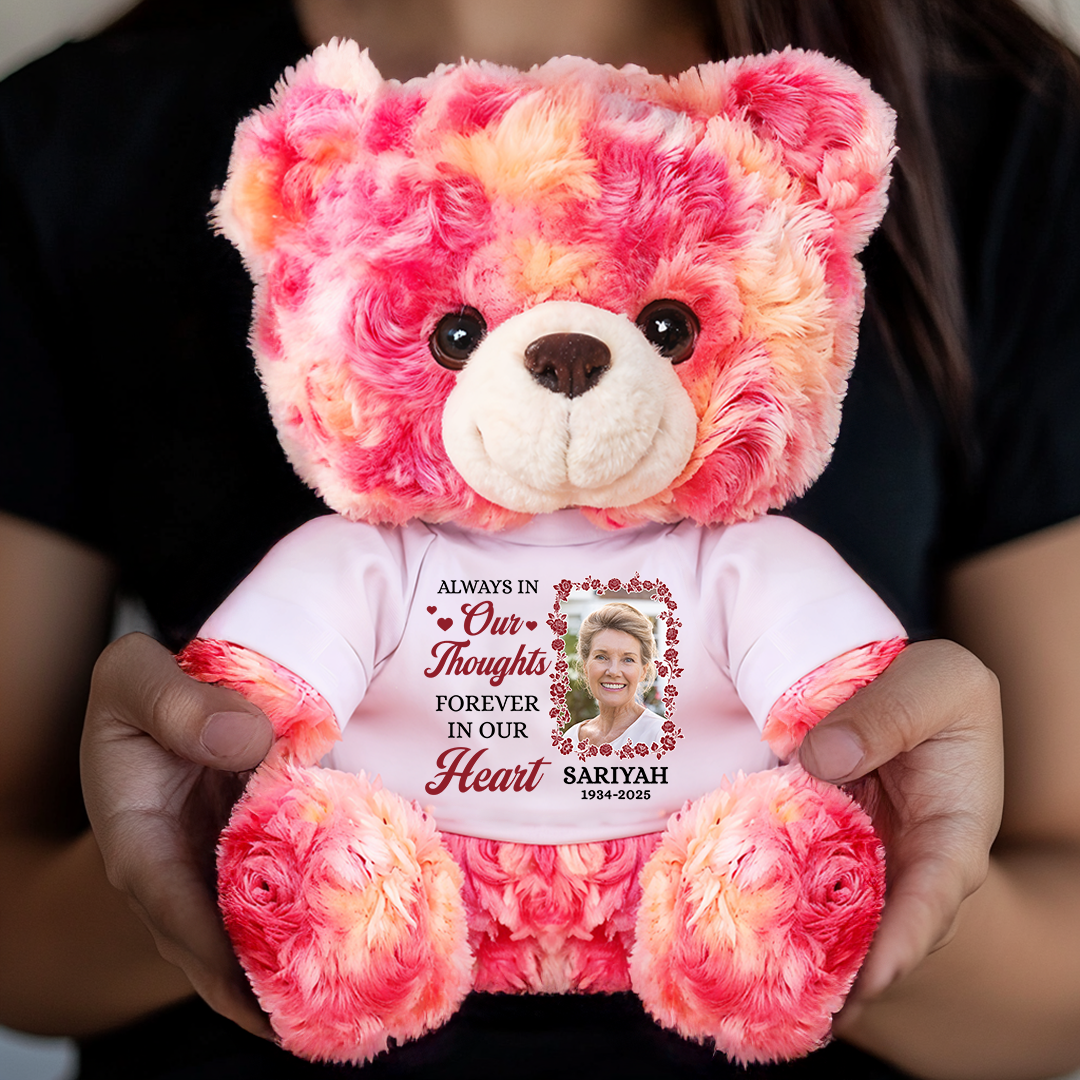 Forever In Our Hearts - Personalized Memorial Bear Plush - Custom Photo and Name Bear
