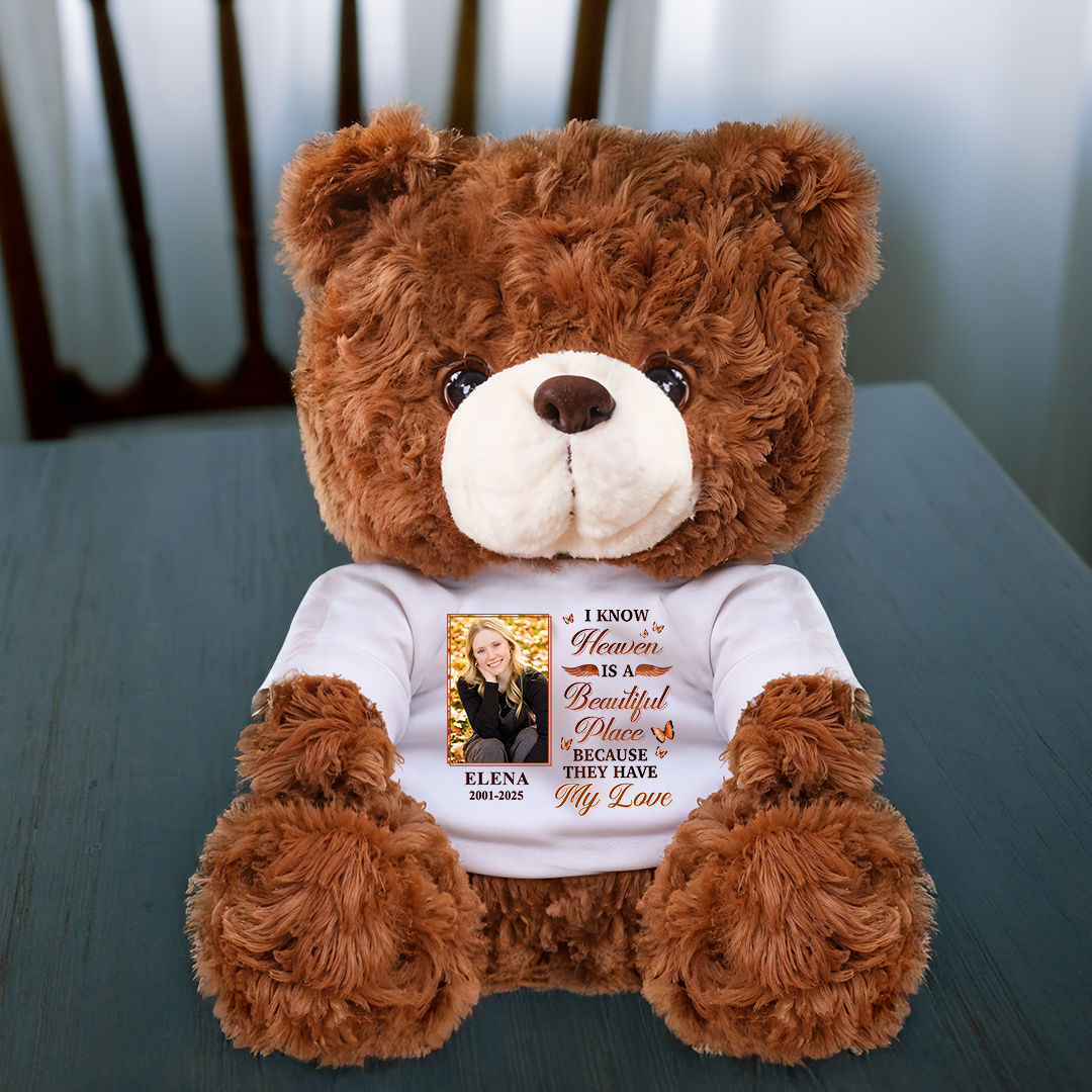 Heaven Is A Beautiful Place - Custom Name and Photo - Personalized Pet Memorial Bear Plush