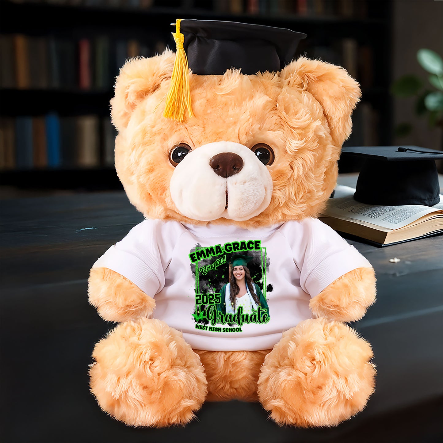 2025 Congrats Graduation Teddy Bear Plush - Custom Photo and Name - Graduate Bear With Cap