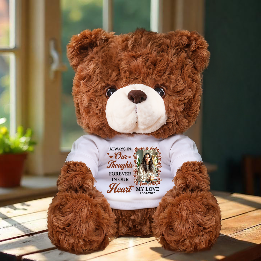 Forever In Our Hearts - Personalized Memorial Bear Plush - Custom Photo and Name Bear
