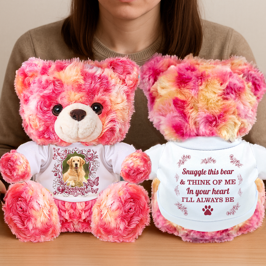 Snuggle This Bear and Think of Me - Personalized Pet Memorial Bear Plush - Custom Name and Photo Teddy Bear
