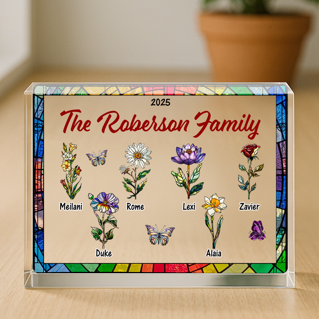Birth Month Flower - Custom Couple Name Acrylic Block - Custom Acrylic Block Plaque