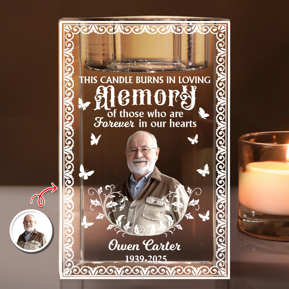 Custom Name and Photo - Personalized Crystal Candle Holder - Memorial Gift