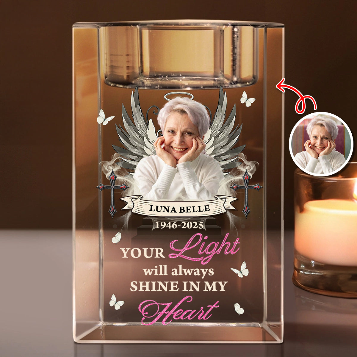 Your Light Will Always Shine In Our Hearts - Personalized Crystal Candle Holder - Memorial Gift