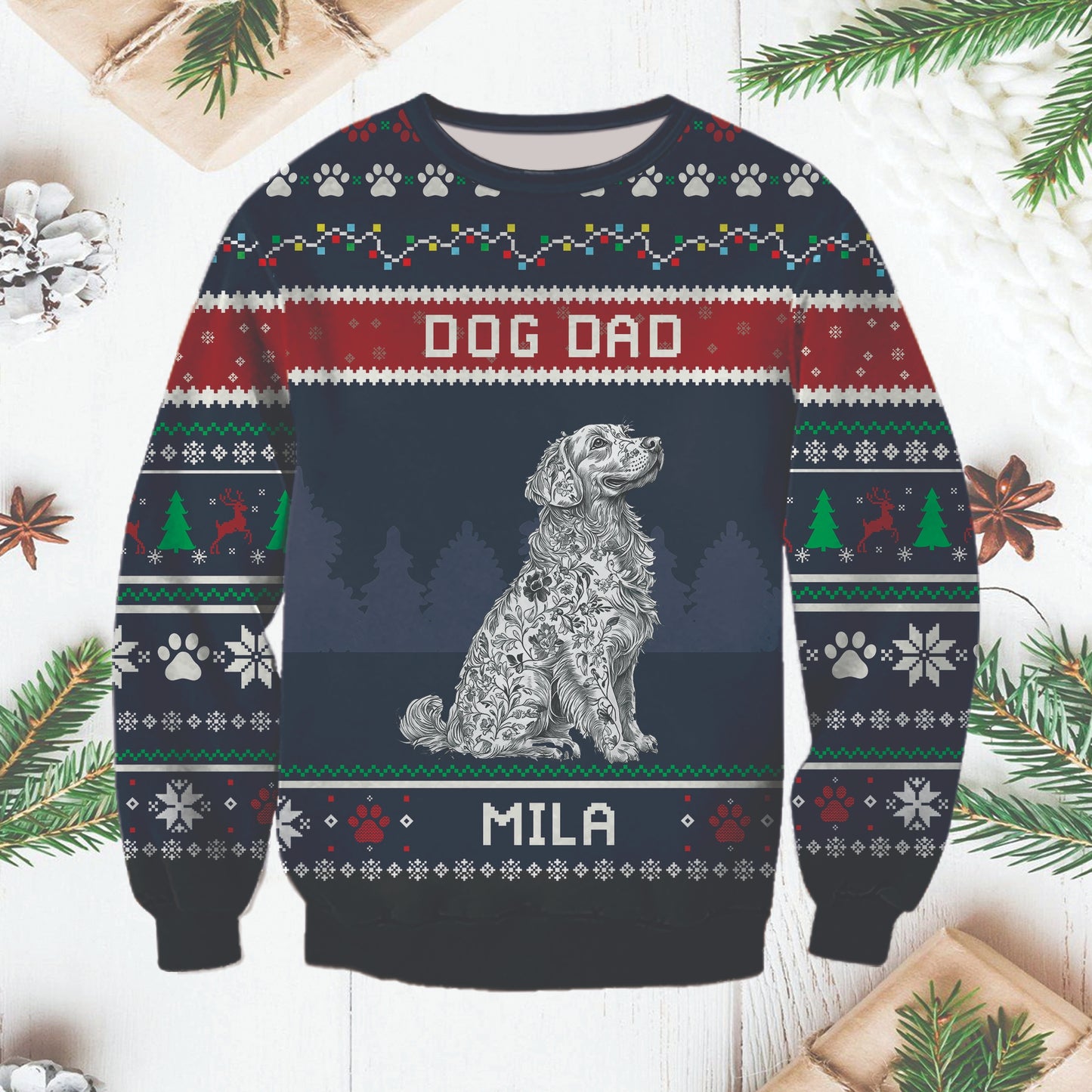 Custom Dog Dad Unisex Ugly Christmas Sweatshirt - All-Over-Print Sweatshirt