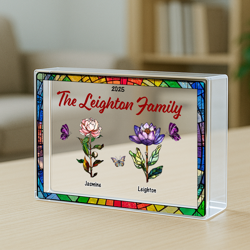 Birth Month Flower - Custom Couple Name Acrylic Block - Custom Acrylic Block Plaque