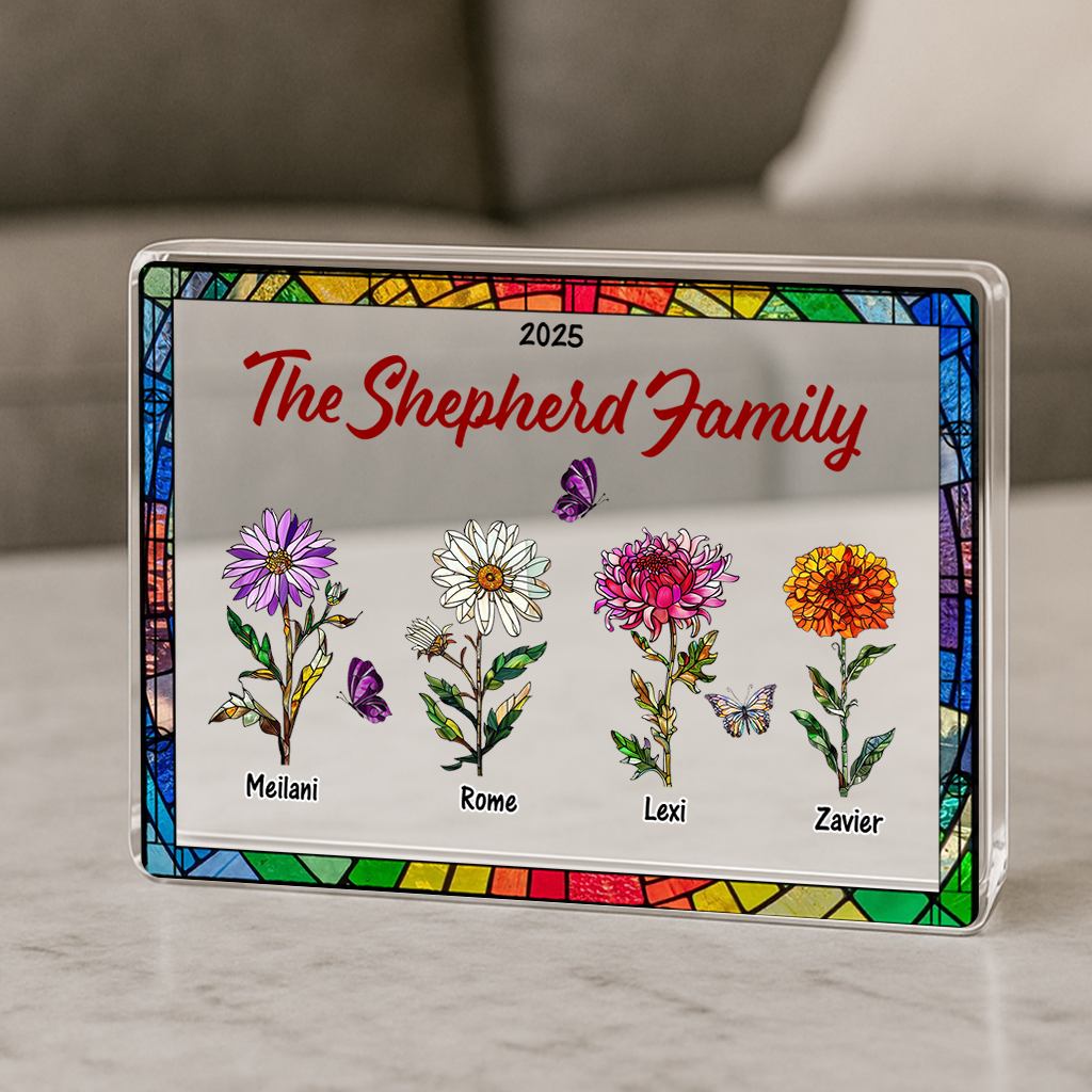 Birth Month Flower - Custom Couple Name Acrylic Block - Custom Acrylic Block Plaque