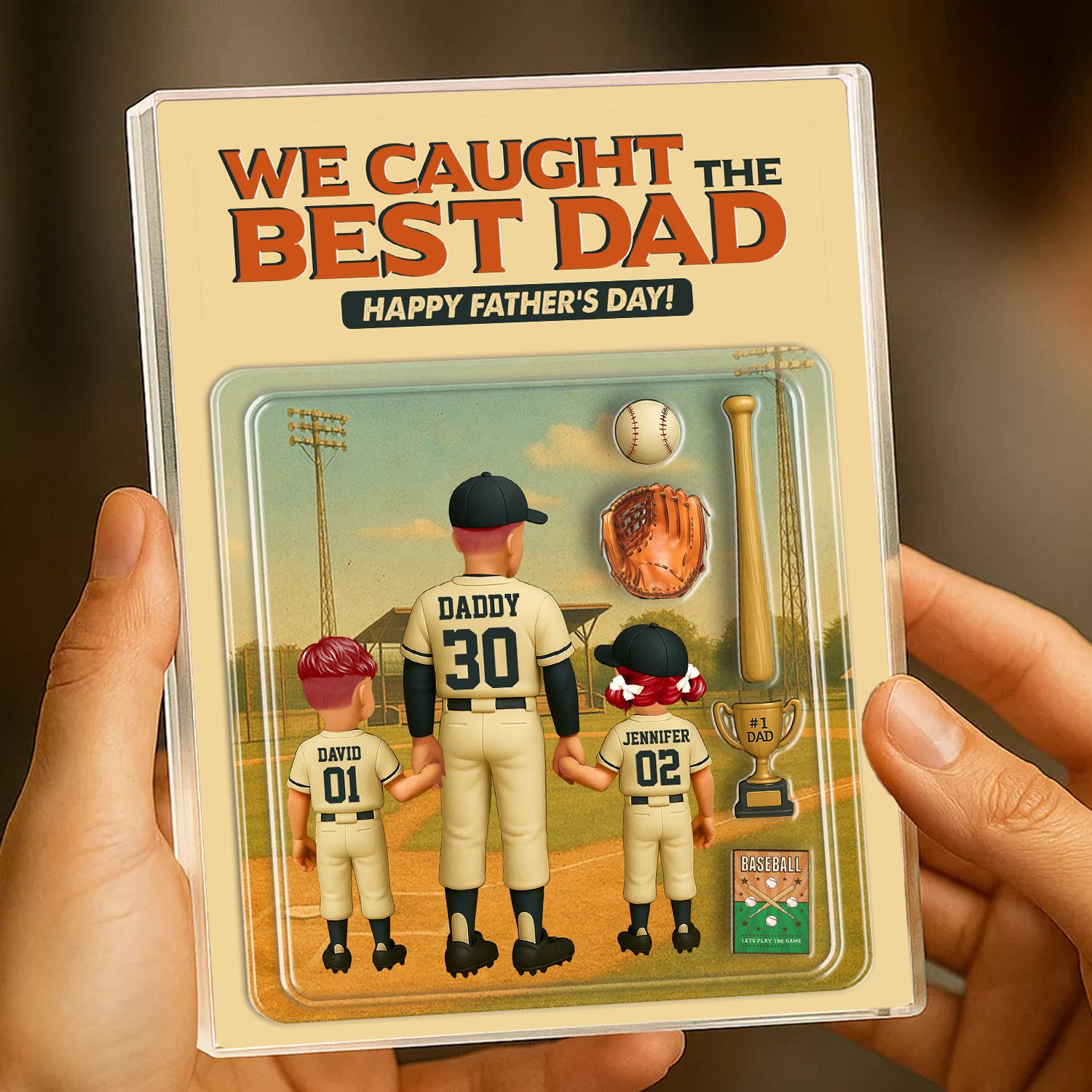 Caught The Best Dad - Personalized Baseball Dad Name Gift - Custom Shape Acrylic Block Plaque