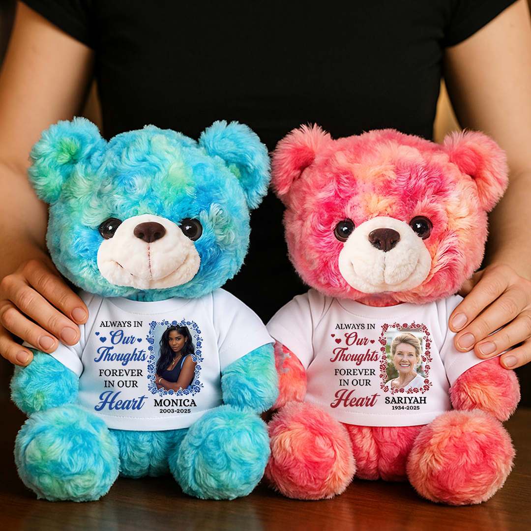 Forever In Our Hearts - Personalized Memorial Bear Plush - Custom Photo and Name Bear