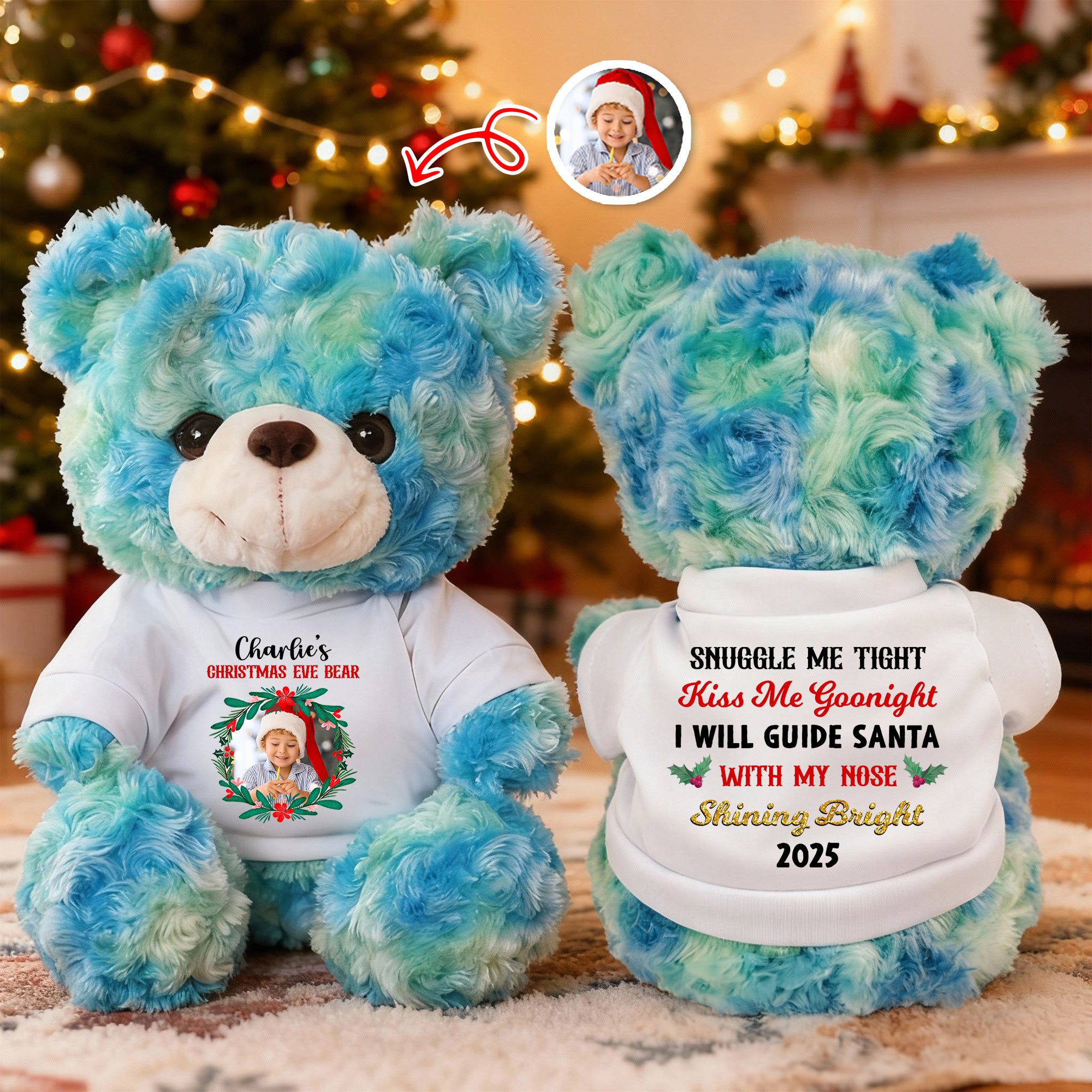 My Christmas Eve Bear - Custom Name and Photo - Personalized Bear Plush