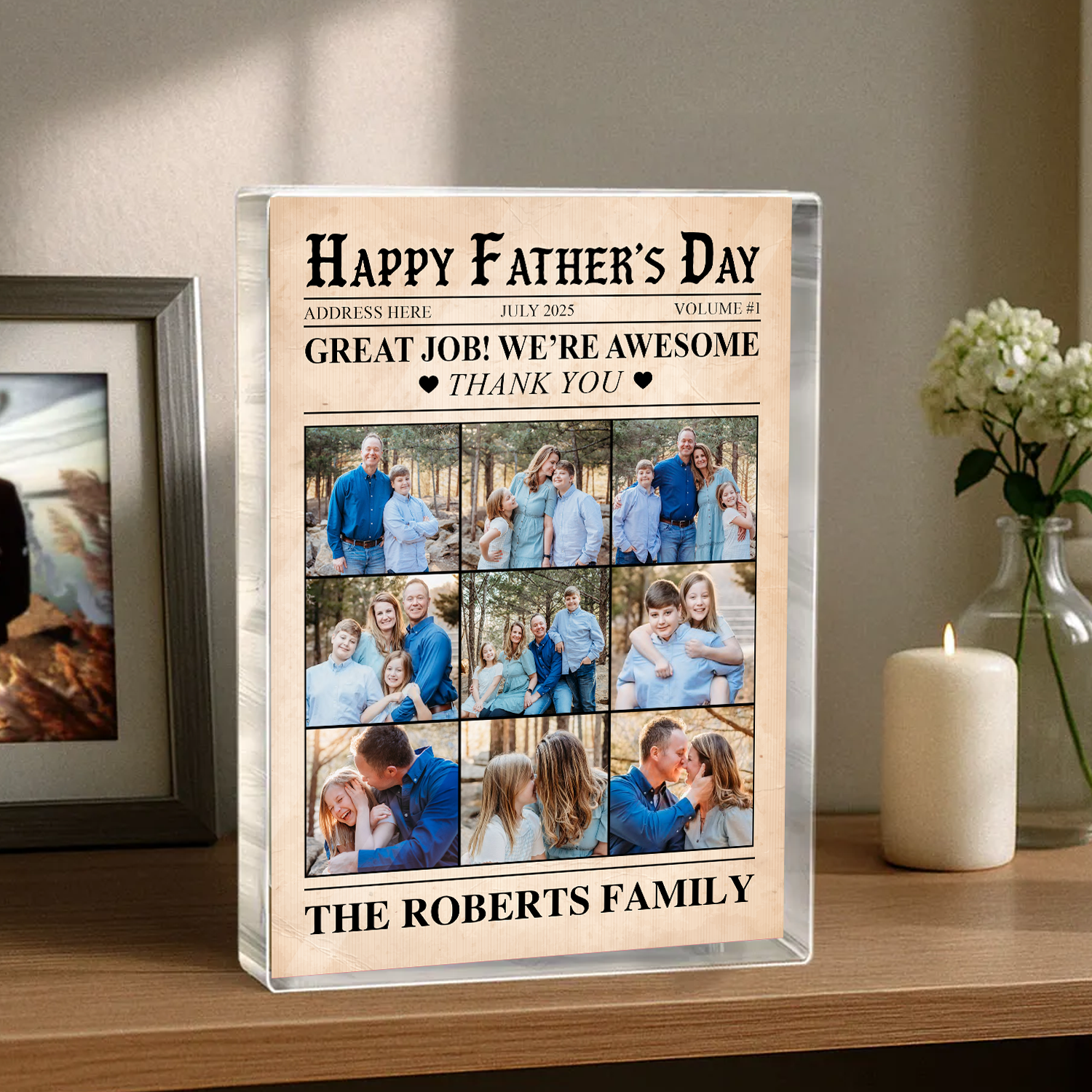 Happy Father's Day - Personalized Family Name and Photo Gift - Custom Shape Acrylic Block Plaque