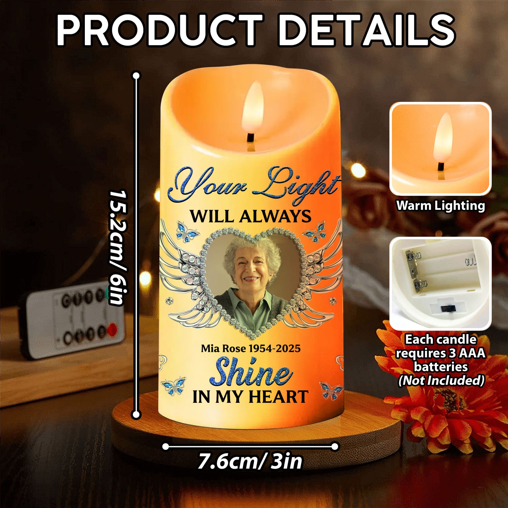 Custom Name and Photo Memorial Gift - Personalizes Memorial Photo LED Candle - Memorial Gift
