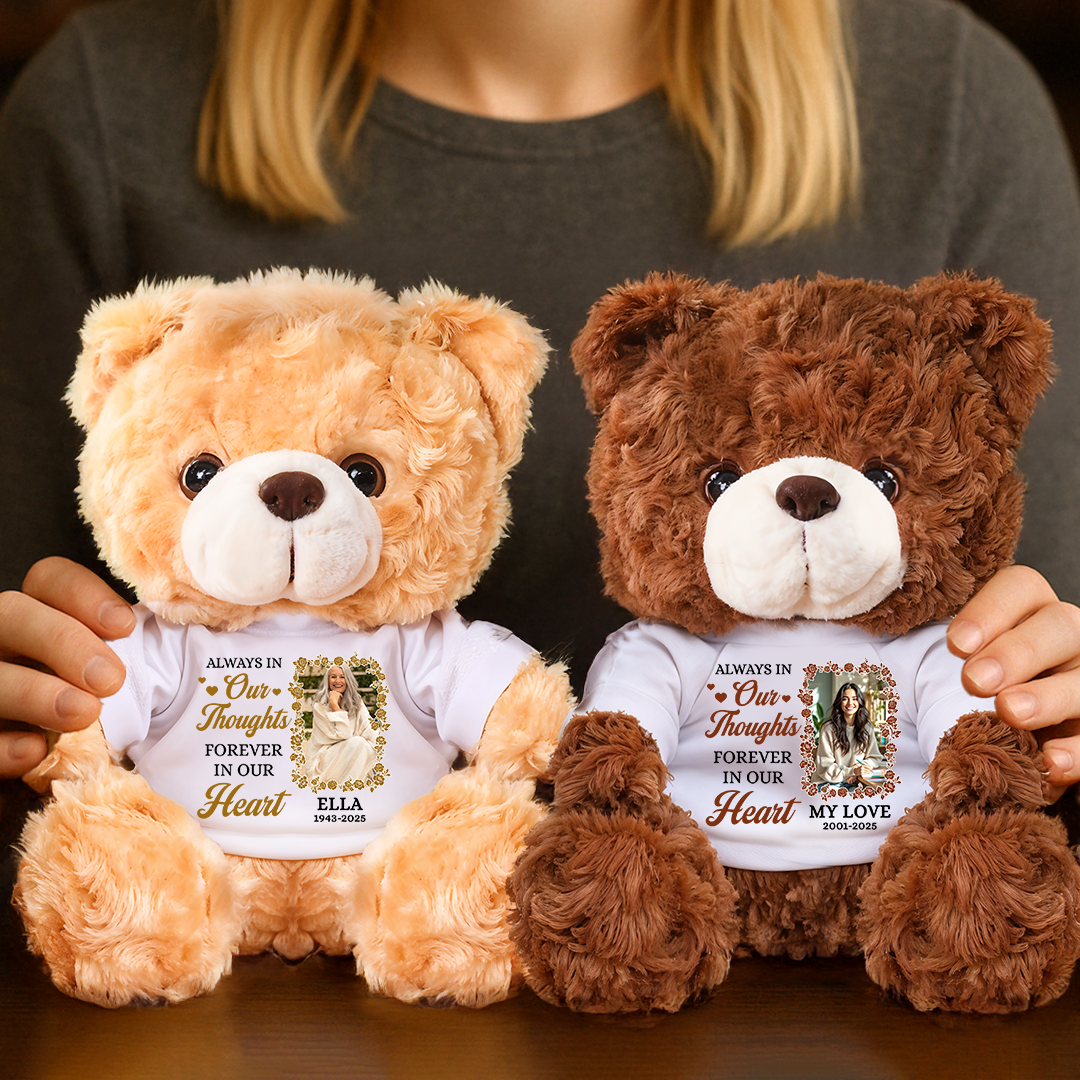 Forever In Our Hearts - Personalized Memorial Bear Plush - Custom Photo and Name Bear