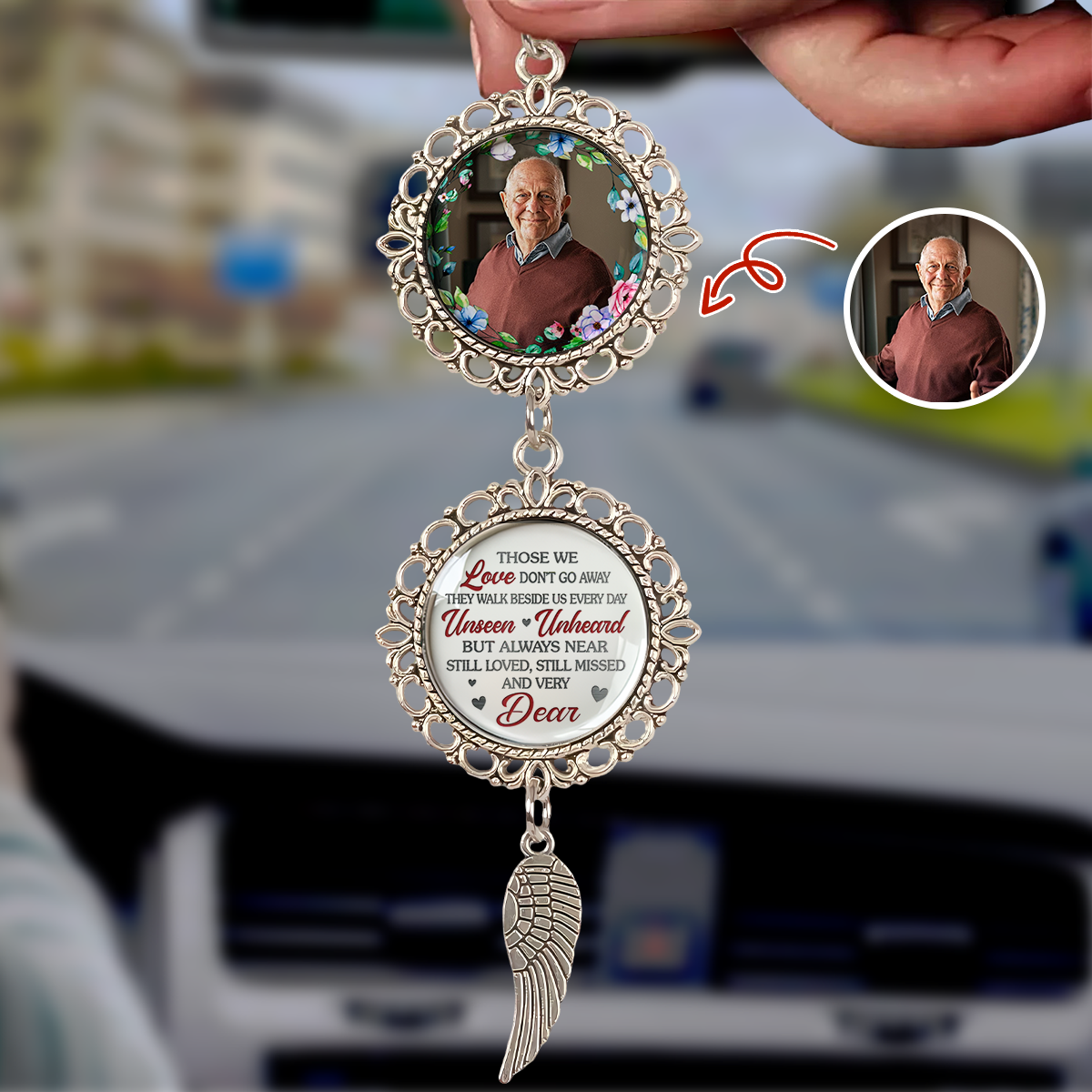 Custom Photo Memorial Gift - Personalized Photo Car Ornament With Charm