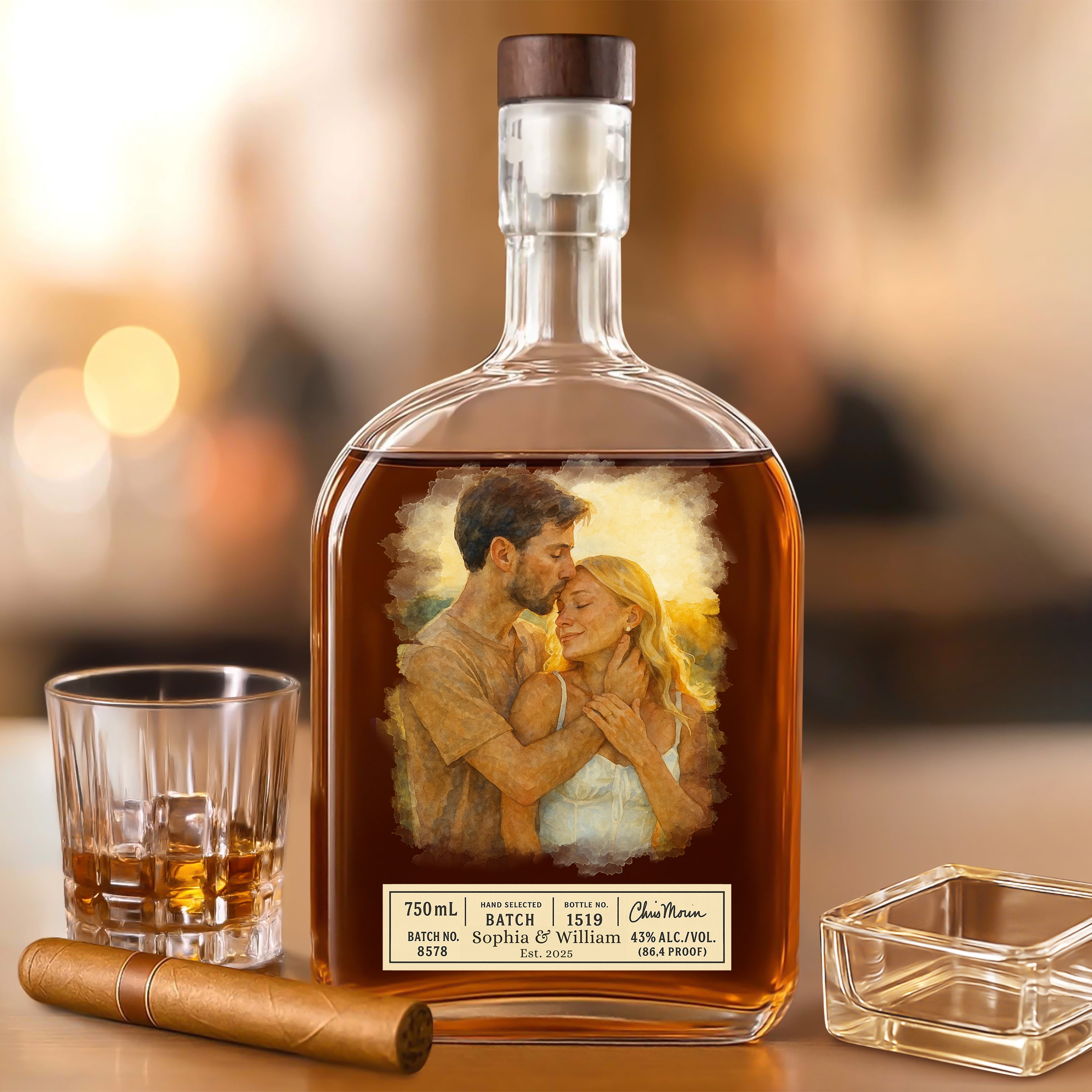 Custom Name and Watercolor Photo - Personalized Custom Whiskey Bottle