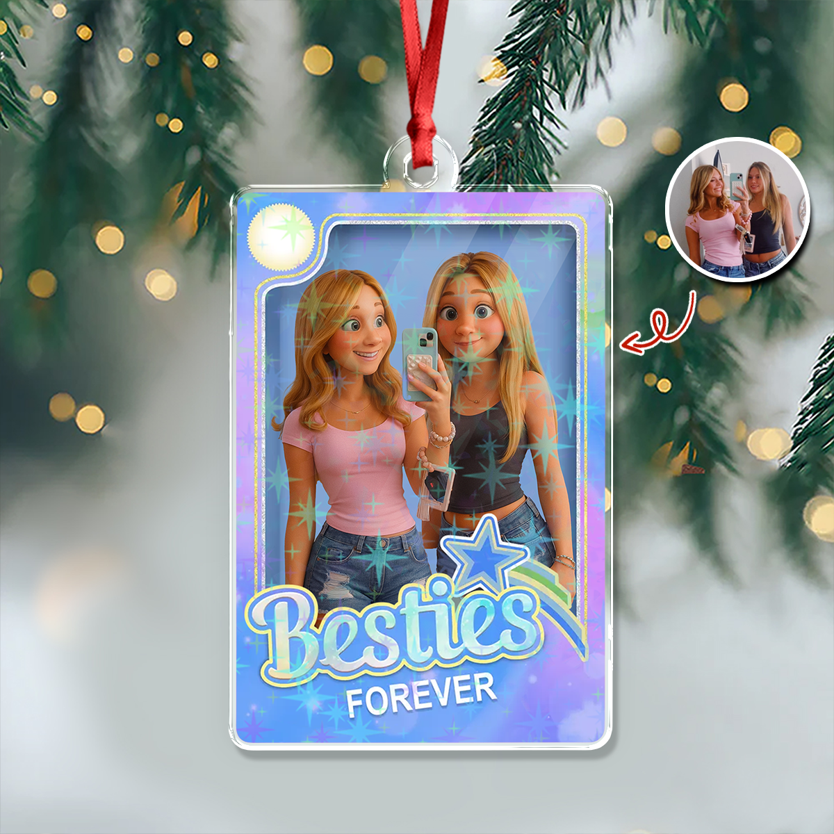 Bestie Forever - Custom Photo Cartoon Style Hologram Ornament - Gift for Best Friend