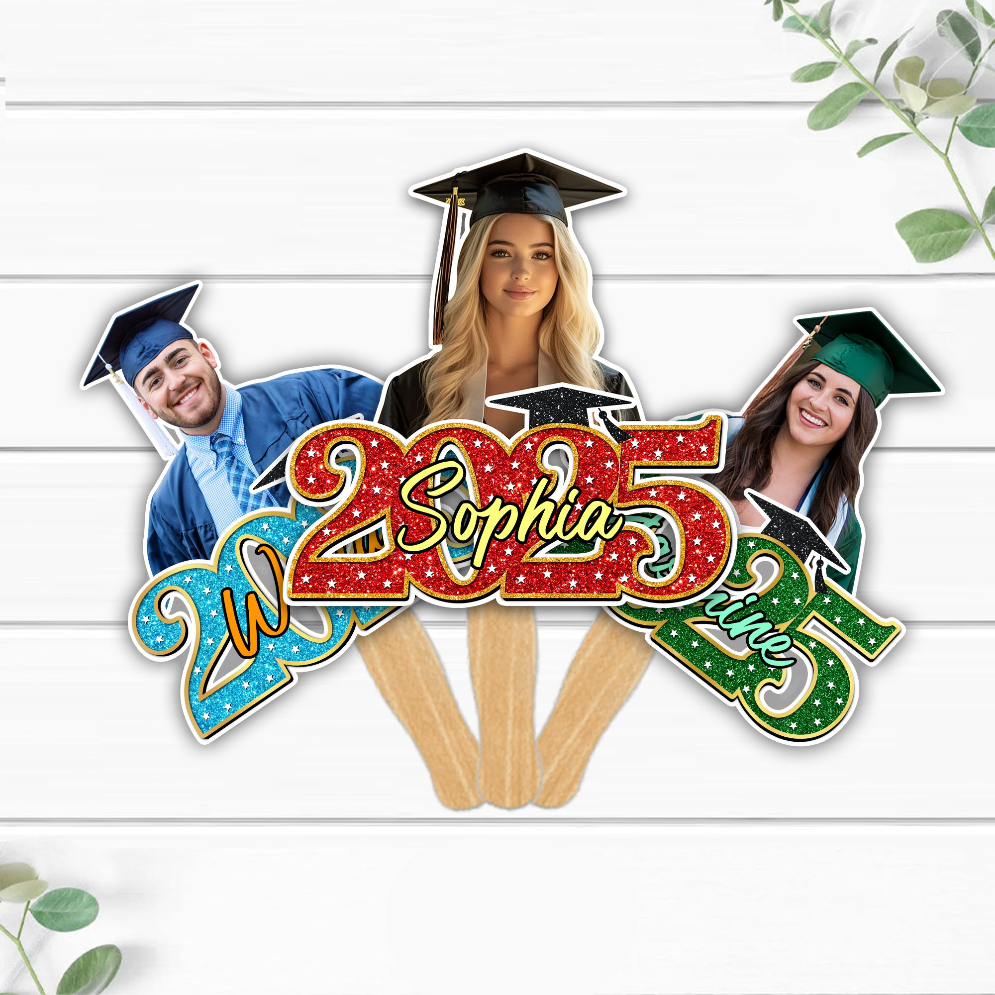 Personalized Face Fans With Wooden Handle - Colorful Glitter Senior Photo Class Of 2025 - Graduation Keepsake Gift